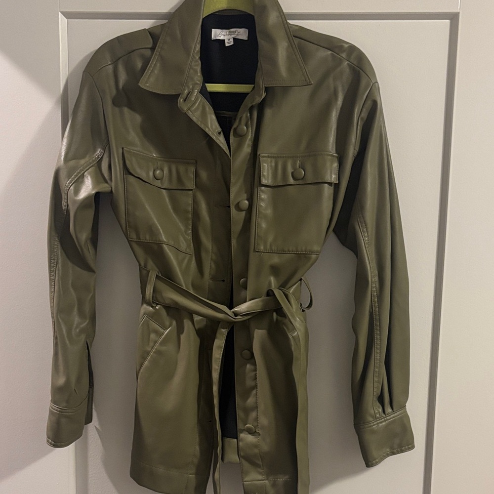 Olive Green Faux Leather Jacket with Belt